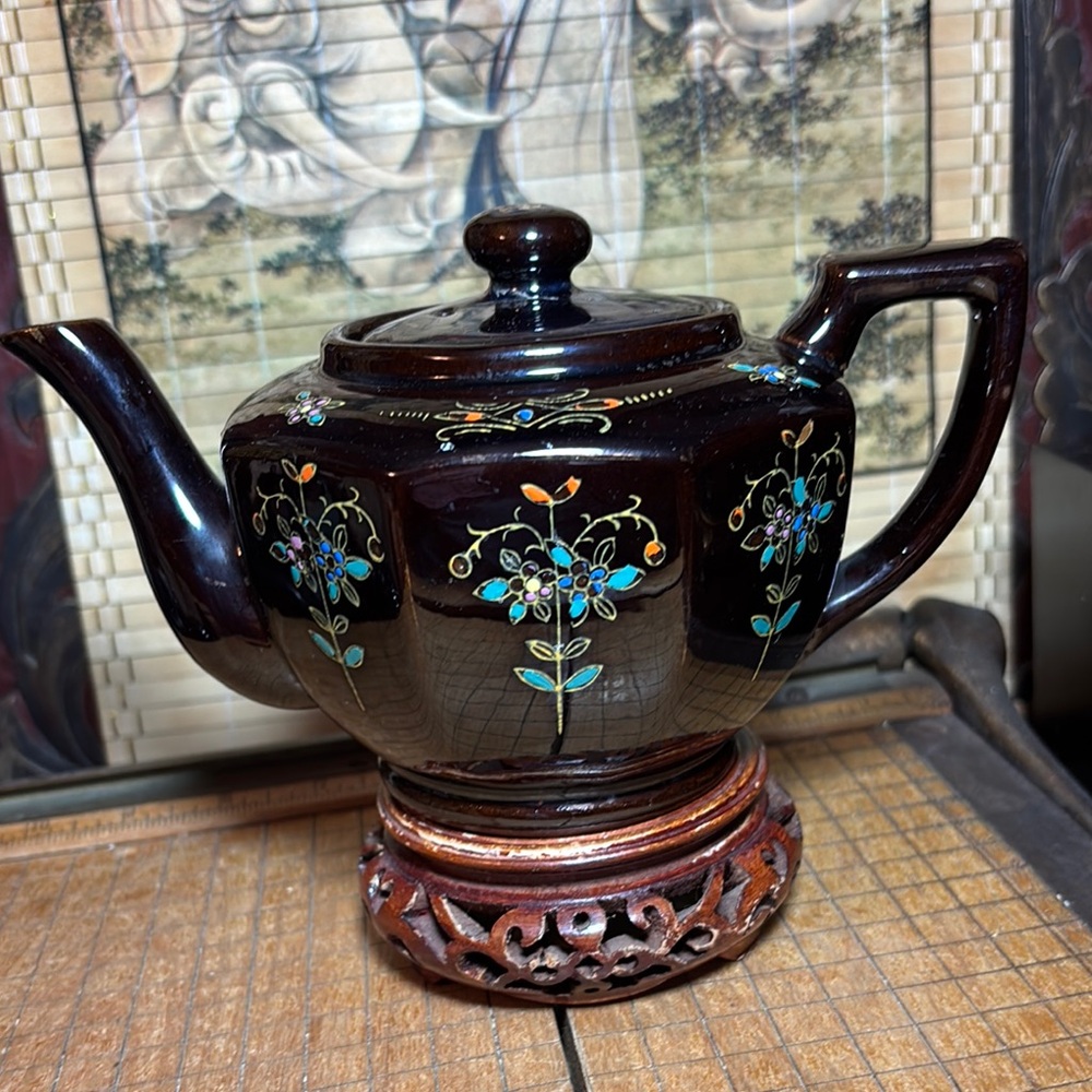 Hand Painted Teapot Japan MidCentury Brown Blue Green Gold Trim 7.5”Lx4”Hx4.75”W
